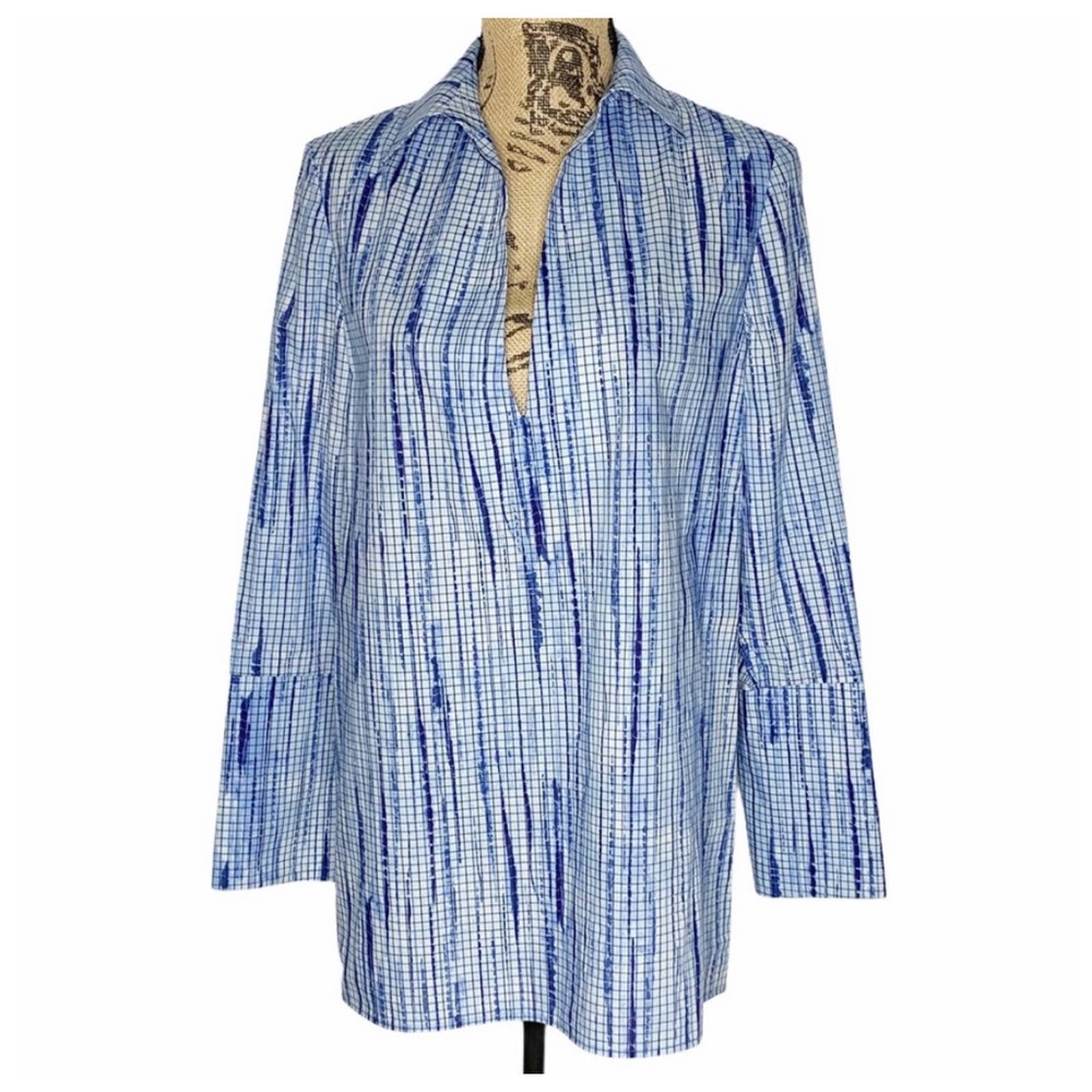 Tory Burch Long Sleeve Print Tunic Blue White NEW